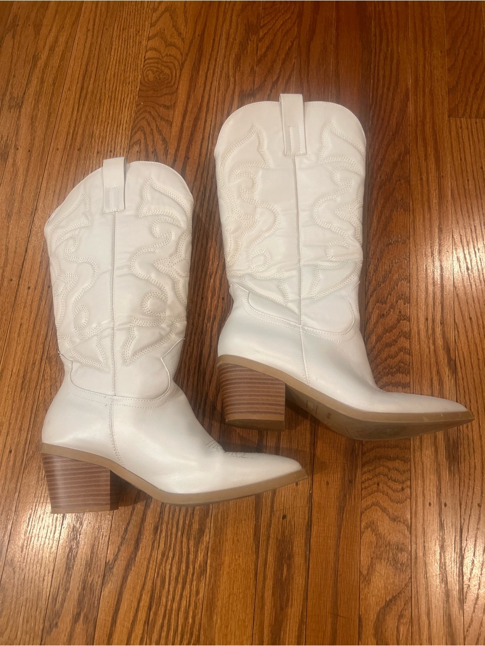 BAMBOO White Western Mid-Calf Heeled Boots